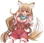  adapted_uniform animal_ears bad_id bad_pixiv_id breasts brown_hair cleavage fang fox_ears fox_tail hakama_pants hasu_(hk_works) hip_vent inugami_renge_(hasu) japanese_clothes jewelry large_breasts long_hair magatama miko necklace open_mouth original red_eyes smile solo tail thighhighs very_long_hair zettai_ryouiki 