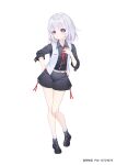  1girl aged_down alternate_costume artist_name belt black_footwear black_shirt black_shorts collared_shirt commission full_body ge_zhong_kuaile girls&#039;_frontline grey_vest hand_on_own_chest hand_on_own_hip pixiv_commission pixiv_id purple_eyes red_ribbon ribbon rpk-16_(girls&#039;_frontline) shirt short_hair shorts smile socks vest white_background white_hair white_socks 