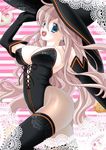 blue_eyes breasts cleavage elbow_gloves gloves hat large_breasts leotard long_hair megurine_luka nattsu pink_hair smile solo thighhighs vocaloid witch_hat 