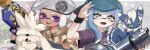  2girls artist_name beret black_wristband blue_hair dog eyelashes fangs grey_hair gun hat holding holding_gun holding_weapon inkling inkling_girl long_hair meowstic meowstic_(male) multiple_girls nautilus_(splatoon) open_mouth pointy_ears pokemon pokemon_(creature) print_shirt purple_eyes purple_shirt rapid_blaster_(splatoon) shirt short_hair skin_fangs smile splatoon_(series) splatoon_3 star_(symbol) stoutland tentacle_hair twitter_username weapon yomeniwan 