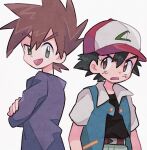  2boys annoyed ash_ketchum baseball_cap belt black_hair black_shirt blue_jacket blue_oak brown_belt brown_eyes brown_hair collared_jacket commentary crossed_arms green_eyes green_pants hat high_collar highres jacket long_sleeves looking_at_another looking_back male_focus mgomurainu multicolored_clothes multicolored_headwear multiple_boys open_mouth pants pokemon pokemon_(anime) pokemon_(classic_anime) purple_shirt raised_eyebrow shirt short_hair simple_background smile spiked_hair sweatdrop upper_body white_background 