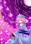  bad_id bad_pixiv_id bug butterfly cherry_blossoms dclockwork fan folding_fan ghost goshoguruma hat highres insect japanese_clothes kimono long_hair moon night pink_eyes pink_hair purple saigyouji_yuyuko saigyouji_yuyuko's_fan_design short_hair solo touhou 