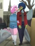 absurd_res anthro archaeopteryx astralc0de blue_body blue_hair bottomwear clothing denim denim_bottomwear denim_clothing digital_media_(artwork) dinosaur duo feathered_dinosaur feathered_wings feathers footwear girly grey_clothing hair hi_res jacket jeans knee_highs knee_socks legwear leon_sokol_(blulowcj) male microceratops pants pink_body pink_hair red_clothing red_jacket red_topwear reptile scalie shoes shorts smile snout socks sweater sweet_sylvi tail theropod topwear wings