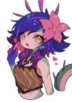  1girl :d bare_shoulders brown_shirt colored_skin crop_top cropped_torso dokumi flower green_skin hair_flower hair_ornament hand_up heart highres jewelry league_of_legends looking_at_viewer necklace neeko_(league_of_legends) open_mouth orange_eyes pink_flower pink_hair purple_hair shirt simple_background smile solo white_background 