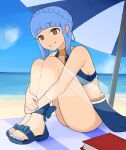  1girl alternate_costume armpit_crease beach beach_umbrella bikini blue_bikini blue_footwear blue_hair blue_nails blue_skirt blue_sky blunt_bangs book braid breasts brown_eyes commission day english_commentary feet fire_emblem fire_emblem:_three_houses fire_emblem_heroes full_body gold_trim highres hugging_own_legs knees_up leaning_forward looking_at_viewer marianne_von_edmund marianne_von_edmund_(summer) medium_breasts nail_polish official_alternate_costume outdoors own_hands_together sandals sarong see-through short_hair_with_long_locks sideboob sidelocks sitting skirt sky smile softhanten solo swimsuit swimsuit_cover-up teeth thighs toenail_polish toenails toes twitter_username umbrella water 