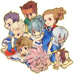  blue_eyes brown_eyes brown_hair endou_mamoru eyepatch fudou_akio gloves goalkeeper goggles goggles_on_head gouenji_shuuya headband highres inazuma_eleven inazuma_eleven_(series) inazuma_japan kazemaru_ichirouta kidou_yuuto male_focus multiple_boys pink_hair red_eyes sakuma_jirou soccer_uniform soto sportswear tachimukai_yuuki tsunami_jousuke utsunomiya_toramaru white_background 