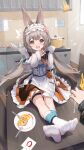  1girl 1other absurdres arknights blue_ribbon carrot chair cooking_pot cracking_egg faucet food frilled_hairband frills grey_hair hairband highres infection_monitor_(arknights) knife no_shoes omelet open_mouth rabbit ribbon sink sitting sitting_on_table socks soles solo_focus spoon table warmy_(arknights) yellow_eyes zayur 