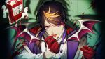  13_(bbr584607091) 1boy black_hair blonde_hair blood blood_bag blood_splatter commentary gloves green_background highres intravenous_drip jacket long_sleeves looking_at_viewer male_focus multicolored_hair nijisanji nijisanji_en paper_doll purple_eyes purple_hair red_gloves shadow shu_yamino shu_yamino_(1st_costume) sidelocks solo stethoscope symbol-only_commentary tongue tongue_out upper_body virtual_youtuber white_jacket yaminion_(shu_yamino) 