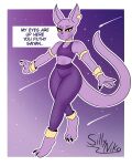 anthro beerus black_nails bottomwear bracelet clothing colored_nails comet crop_top detailed_background dialogue domestic_cat dragon_ball dragon_ball_super ear_piercing egyptian_cat egyptian_mythology felid feline felis flat_chested floating fur girly goth hi_res jewelry leggings legwear long_tail looking_at_viewer male mammal middle_eastern_mythology mythology nails outline pants piercing pose purple_body purple_fur shirt sillynikoarts_(artist) solo spacecraft tail text thick_thighs topwear vehicle white_outline wide_hips yoga_pants