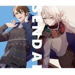  2boys aiue_o_eiua black_pants black_sweater blonde_hair blue_background blue_jacket brown_hair cape closed_mouth collared_shirt commentary_request fur-trimmed_jacket fur_trim highres idolish7 jacket leaning_back long_sleeves looking_at_viewer male_focus multiple_boys natsume_minami open_mouth padded_jacket pants pink_eyes place_name shirt short_hair simple_background smile sweater tsunashi_ryuunosuke white_background white_shirt yellow_background 