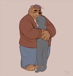 absurd_res ambiguous_gender anthro arms_around_partner bear bear_hug belly belly_hug blush bodily_fluids bottomwear clothing denim denim_bottomwear denim_clothing duo embrace eyes_closed hat headgear headwear hi_res hug jeans jewelry male male/ambiguous male/male mammal necklace overweight overweight_anthro overweight_male pants shirt size_difference smaller_male standing sweat sweatdrop toicobis topwear