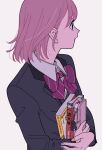  1girl book bow bowtie charm_(object) closed_mouth collared_shirt colored_skin commentary fingernails flat_color from_side gorainrice grey_jacket holding holding_book jacket long_sleeves looking_to_the_side medium_hair pencil_case pink_skin protagonist_(tokimemo_gs4) purple_bow purple_bowtie purple_hair shirt simple_background solo standing striped striped_bow striped_bowtie tokimeki_memorial_girl&#039;s_side_4th_heart upper_body white_background 