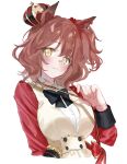  1girl animal_ears aston_machan_(umamusume) black_bow blush bow breasts brown_dress brown_hair closed_mouth crown dress ha_(hura76752775) hair_between_eyes hand_up highres horse_ears large_breasts looking_at_viewer medium_breasts mini_crown one_side_up shirt simple_background smile solo tilted_headwear umamusume white_background white_shirt yellow_eyes 