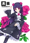  :&lt; blush dress flower gokou_ruri gothic_lolita hairband highres hime_cut kotobuki_utage lolita_fashion long_hair mole mole_under_eye ore_no_imouto_ga_konna_ni_kawaii_wake_ga_nai pantyhose pink_eyes purple_hair solo 