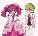  1boy 1girl blue_eyes blush bow braid brown_hair brown_vest choker clothes_grab corsage dress dress_shirt drew_(pokemon) flower frilled_dress frills gem gown green_eyes green_gemstone green_hair hair_bow hand_on_own_hip highres jacket looking_at_another looking_at_viewer may_(pokemon) mgomurainu official_alternate_costume open_mouth pants pink_bow pink_choker pink_flower pink_rose pokemon pokemon_(anime) pokemon_rse_(anime) pom_pom_(clothes) puffy_short_sleeves puffy_sleeves rose shirt short_braid short_hair short_sleeves sidelocks smile standing suit suit_jacket twin_braids twintails upper_body vest white_jacket white_pants white_shirt white_suit 