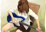  angel_beats! breasts brown_hair cleavage electric_guitar from_above guitar hisako_(angel_beats!) instrument medium_breasts mouth_hold pleated_skirt ponytail sitting skirt sleeves_rolled_up solo tuning_fork uranaishi 