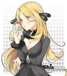  :o argyle argyle_background blonde_hair breast_hold breasts character_name cleavage fur hair_ornament holding holding_poke_ball large_breasts long_hair piromizu poke_ball pokemon pokemon_(game) pokemon_dppt shirona_(pokemon) solo yellow_eyes 