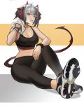  1girl absurdres ahoge arknights bare_shoulders black_pants black_sports_bra breasts cleavage demon_horns distr fang full_body grey_hair highres holding holding_towel horns large_breasts long_hair midriff navel open_mouth orange_eyes pants shoe_soles shoes short_hair sitting skin_fang sneakers solo sports_bra tail towel w_(arknights) white_towel 