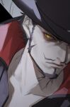  1boy black_hair cavalier_hat dracule_mihawk facial_hair hat hat_feather kuroda_matsurika looking_at_viewer male_focus mustache one_piece solo yellow_eyes 