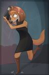 absurd_res anthro black_clothing black_dress boots breasts brown_body brown_hair canid canine canis clothed clothing covering covering_face covering_self domestic_dog dress eyewear female footwear glasses hair hi_res high_heeled_boots high_heels holding_object honeymono illumination_entertainment looking_away mammal running sing_(movie) solo suki_lane