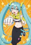  1girl aiming aiming_at_viewer aqua_eyes aqua_hair aqua_nails black_pants bra clenched_hands commentary cropped_jacket dot_nose drawstring emphasis_lines fangs fiery_pupils fingerless_gloves fitness_boxing foreshortening gloves groin hatsune_miku highres hood hooded_jacket incoming_attack jacket lanyard leg_up long_hair looking_at_viewer midriff mokyuren navel open_mouth orange_background pants punching shoes smile sneakers solo sparkling_aura sports_bra standing standing_on_one_leg symbol-shaped_pupils track_pants twintails underwear upper_body v-shaped_eyebrows very_long_hair vocaloid white_bra white_gloves yellow_jacket zipper zipper_pull_tab 