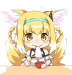  1girl animal_ears arknights blonde_hair blue_hairband blush_stickers bowl braid braided_hair_rings chopsticks closed_mouth colored_tips commentary_request earpiece eating fox_ears fox_girl fox_tail green_eyes hair_rings hairband highres holding holding_bowl holding_chopsticks kitsune kyuubi multicolored_hair multiple_tails nasumikan_(nodoame241) short_hair simple_background sitting solo suzuran_(arknights) tail twin_braids two-tone_hair white_background white_hair 