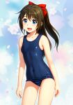  1girl blue_eyes blue_one-piece_swimsuit breasts brown_hair covered_navel hair_between_eyes hair_ribbon highres long_hair looking_at_viewer love_live! love_live!_nijigasaki_high_school_idol_club neopure old_school_swimsuit one-piece_swimsuit ousaka_shizuku ponytail red_ribbon ribbon school_swimsuit small_breasts smile solo standing swimsuit 