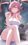  1girl aru_(blue_archive) ass blue_archive blush breasts brown_horns cleavage cocoablue23 collarbone crossed_legs demon_horns halo highres horns large_breasts long_hair looking_at_viewer naked_towel outdoors parted_lips pink_hair pink_halo sitting solo towel white_towel yellow_eyes 