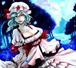  apt bad_id bad_pixiv_id blue_hair breasts cleavage hat highres large_breasts moon older red_eyes remilia_scarlet short_hair solo touhou tree 