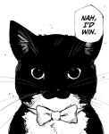  black_eyes black_fur bow cat commentary english_commentary greyscale looking_at_viewer meme monochrome nah_i&#039;d_win_(meme) papyuuno real_life simple_background speech_bubble uni_(cat) whiskers white_background 