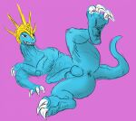 3_toes anthro anus balls blue_body claws crown crown_only dragon feet genitals glans headgear humanoid_genitalia humanoid_penis long_tail lying male mrvldc on_back penis pink_background sharp_teeth simple_background solo tail teeth toe_claws toes white_claws