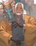  1boy bara beard black_gloves blue_eyes dark-skinned_male dark_skin dragon eastern_dragon facial_hair gloves highres japanese_clothes jp_(street_fighter) kimono large_pectorals long_hair looking_at_viewer male_focus mature_male muscular muscular_male mustache old old_man orange_kimono pectorals ponytail sa1k0p smile solo street_fighter street_fighter_6 thick_beard thick_eyebrows thick_mustache upper_body white_hair 