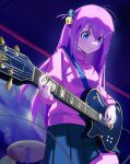  1girl black_skirt blue_eyes bocchi_the_rock! commentary cowboy_shot cube_hair_ornament cymbals electric_guitar english_commentary gibson_les_paul gotoh_hitori guitar hair_between_eyes hair_ornament highres holding holding_instrument indoors instrument jacket long_hair long_sleeves looking_down music one_side_up parted_lips pink_hair pink_jacket pink_track_suit playing_instrument pleated_skirt senj skirt solo stage track_jacket 