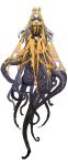  1girl arms_between_legs ascot black_horns commentary_request cthulhu_mythos dress expressionless extra_eyes floating full_body hastur highres horns long_hair looking_at_viewer monster_girl pale_skin personification scylla solo starshadowmagician tentacles torn_clothes triangle-shaped_pupils white_ascot white_background white_hair yellow_dress yellow_eyes yellow_veil 