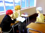  book brown_eyes brown_hair desk gokudera_hayato green_eyes katekyo_hitman_reborn kozato_enma red_eyes redhead sawada_tsunayoshi school school_uniform silver_hair sitting 