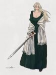  1girl black_dress blonde_hair boots breasts closed_mouth dress dungeon_meshi floating_hair full_body genderswap genderswap_(mtf) green_dress grey_footwear grey_hair highres holding holding_sword holding_weapon juliet_sleeves laios_thorden long_hair long_sleeves parted_bangs puffy_sleeves shawl signature simple_background solo standing sword unsheathed urako_(iamurako) v_arms weapon white_background 