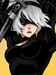  1girl 2b_(nier:automata) arms_up black_blindfold black_dress black_hairband blindfold breasts cleavage_cutout clothing_cutout commentary dress english_commentary facing_viewer hairband highres kayla_speciale mole mole_under_mouth nier:automata nier_(series) parted_lips puffy_sleeves short_hair solo upper_body white_hair yellow_background 