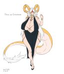 animal_humanoid big_breasts big_tail black_clothing black_dress breasts character_name clothing curvy_figure dragon dragon_humanoid dress felicia_von_goldschmidt female hi_res horn huge_breasts humanoid mature_female monster_girl_(genre) randomtanstudio simple_background solo standing tail thick_thighs voluptuous white_background white_tail_tip wide_hips yellow_ears yellow_eyes yellow_horn yellow_tail