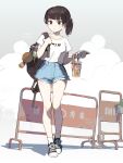  1girl backpack bag black_eyes black_hair blunt_bangs cellphone cup denim denim_shorts full_body hand_up highres holding holding_phone holding_strap looking_at_viewer original outdoors phone ponytail shirt shirt_tucked_in shoes short_hair shorts smartphone sneakers solo standing tennohi white_shirt 