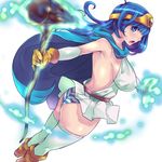  blue_eyes blue_hair breasts cape circlet covered_nipples dragon_quest dragon_quest_iii gloves large_breasts long_hair magic panties sage_(dq3) sideboob simple_background solo staff striped striped_panties thighhighs underwear yoshiron 