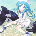  blue_eyes blue_hair buntan dress hat ikamusume inflatable_toy inflatable_whale long_hair orca shinryaku!_ikamusume sitting solo tentacle_hair v_arms water 