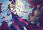  6u_(eternal_land) bad_id bad_pixiv_id bed_sheet blonde_hair flandre_scarlet lying no_hat no_headwear on_back outstretched_arms ponytail red_eyes short_hair side_ponytail smile solo spread_arms stuffed_animal stuffed_toy teddy_bear touhou wings 
