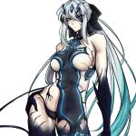  1girl alternate_costume black_bow black_panties black_skin blue_eyes blue_hair body_markings bow braid breasts closed_mouth colored_skin commentary cosplay english_commentary fate/grand_order fate_(series) forehead_jewel french_braid gradient_hair grey_hair hair_between_eyes hair_bow hand_on_own_hip highres large_breasts long_hair melusine_(fate) melusine_(fate)_(cosplay) melusine_(third_ascension)_(fate) moren_eh morgan_le_fay_(fate) multicolored_hair panties sidelocks simple_background solo two-tone_hair underwear very_long_hair white_background 