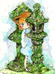  bad_id bad_pixiv_id blonde_hair blue_eyes blush child conose dress frog grass hat hiding long_sleeves moriya_suwako moss peeking_out rain short_hair solo stone_lantern touhou traditional_media watercolor_(medium) 