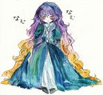  bad_id bad_pixiv_id blonde_hair blush closed_eyes conose dress full_body gown gradient_hair hijiri_byakuren long_hair long_sleeves multicolored_hair pigeon-toed purple_hair shoes simple_background sitting smile solo touhou traditional_media very_long_hair watercolor_(medium) wavy_hair 