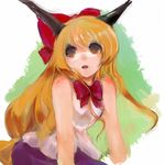  bad_id bad_pixiv_id bow brown_eyes face faux_traditional_media hair_bow highres horns ibuki_suika long_hair maccha_cocoa_(mococo) neck_ribbon orange_hair ribbon shirt skirt solo touhou very_long_hair 