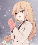  1girl :d blonde_hair blurry blurry_background blush braid character_request coat copyright_request flat_chest green_eyes hair_between_eyes long_braid long_hair looking_at_viewer mittens open_mouth own_hands_together shimokirin single_braid smile snow snowing solo upper_body very_long_hair winter winter_clothes 