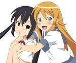  black_hair blue_eyes brown_eyes brown_hair crossover fang fukuoka_katsumi hug hug_from_behind k-on! kousaka_kirino long_hair looking_back multiple_girls nakano_azusa neck_ribbon ore_no_imouto_ga_konna_ni_kawaii_wake_ga_nai red_ribbon ribbon school_uniform seiyuu_connection serafuku simple_background taketatsu_ayana twintails 