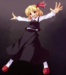  :d blonde_hair fang hair_ribbon open_mouth outstretched_arms ribbon rumia saemon_(tonpura) short_hair skirt smile solo spread_arms touhou 