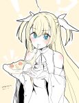  1girl 2024 ahoge ascot bare_shoulders blonde_hair blue_eyes blush cheese_trail closed_mouth commentary dated detached_sleeves eating egg_vibrator eyelashes food hair_between_eyes hand_up highres holding holding_food holding_pizza long_hair long_sleeves looking_at_viewer pizza pizza_slice sex_toy shirayuki_noa shirt silver116 simple_background sleeveless sleeveless_shirt solo tenshi_souzou_re-boot! translated two_side_up very_long_hair vibrator white_ascot white_shirt wide_sleeves wing_hair_ornament yellow_background 